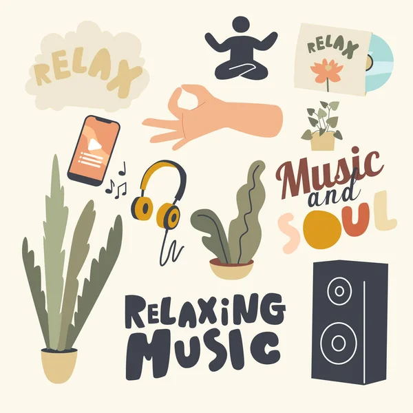 Set di icone rilassante tema musicale. Smartphone con applicazione, Cuffie e dinamiche, seduta umana in Yoga Asana — Vettoriale Stock