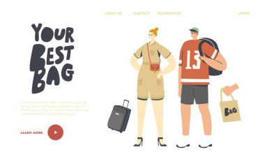 Bags Landing Page Şablonu 'na sahip insanlar. Reticule 'lı kadın, Sırt çantalı adam. Tatil ve Yankı Çantası Bavulu