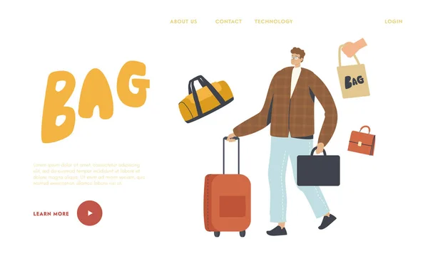 Man Travel with Suitcase Landing Page πρότυπο. Ανδρικός Χαρακτήρας με Χαρτοφύλακα και Αποσκευές στα Χέρια. Ταξίδι του επιχειρηματία — Διανυσματικό Αρχείο