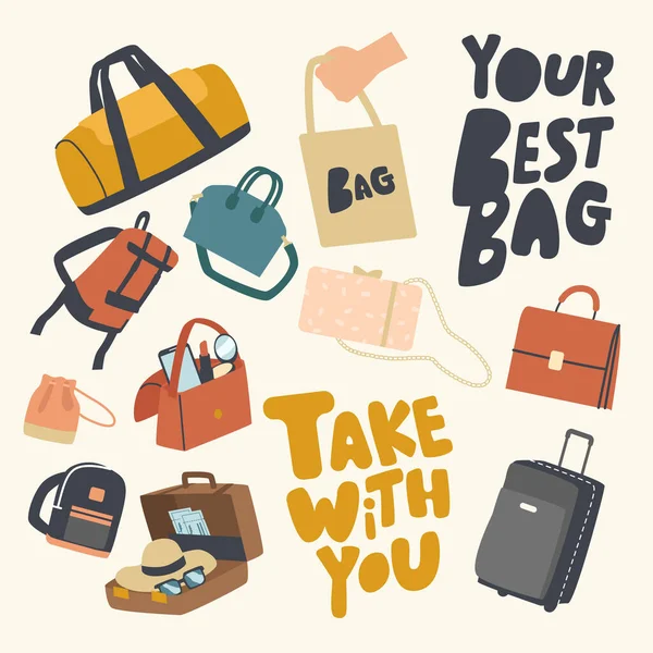 Conjunto de ícones vários sacos tema. Acessórios Coleta, Mala, Bagagem ou Bagagem para Viagens Turísticas, Reticule — Vetor de Stock