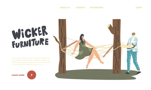 Personajes Relájese en la plantilla de landing page de muebles de mimbre. Mujer sentarse en la hamaca suspendida en el jardín de verano — Vector de stock