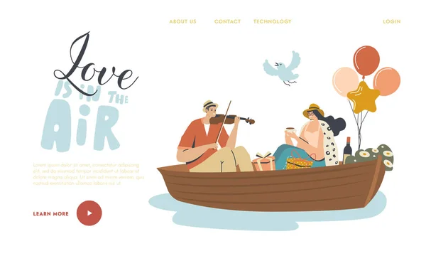 Happy Couple Man and Woman Floating Boat Landing Page Template (dalam bahasa Inggris). Karakter Pria Bermain Biola, Perempuan Minum Teh - Stok Vektor