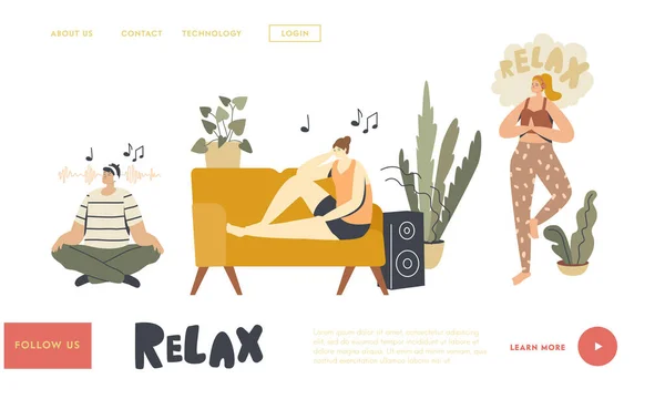 Persone che meditano Ascolto Rilassante Musica a Home Landing Page Template. Personaggi sedersi in Yoga Lotus Pose — Vettoriale Stock