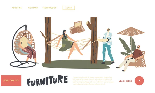 Plantilla de Landing Page para decoración exterior. Personajes Relájese en muebles de mimbre al aire libre. Mujer sentada en un sillón suspendido — Archivo Imágenes Vectoriales