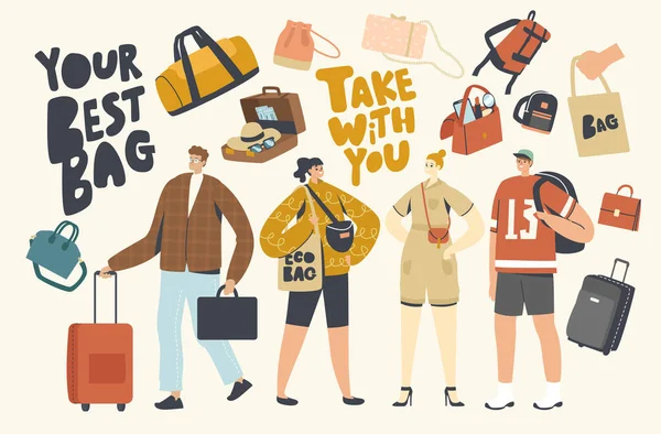 Touristen mit unterschiedlichen Gepäcktaschen. Die Menschen bereiten sich auf den Sommerurlaub vor, reisen mit Koffer vor Ort — Stockvektor