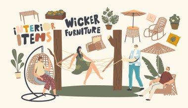 Karakterler Wicker Mobilyaları 'nın üzerinde rahatlar. Süspansiyonlu koltukta oturan kadın ve hamak, sallanan sandalye, masa