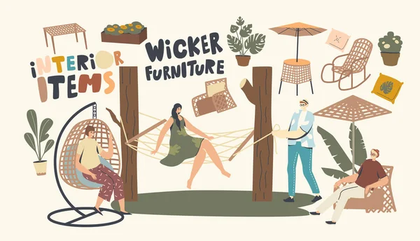 Characters Relax on Wicker Furniture Outdoors. Woman Sitting on Suspended Armchair and Hammock, Rocking Chair, Table — Stock Illustration Characters Relax on Wicker Furniture Outdoors. Woman Sitting on Suspended Armchair and Hammock, Rocking Chair, Table Royalty Free Stock Vectors