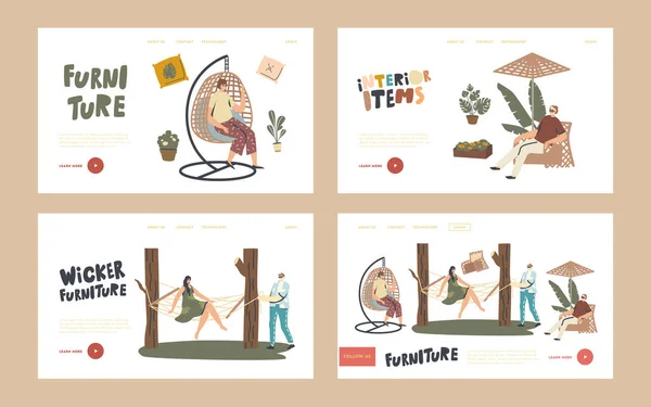 Outdoor Decor Landing Page Template Set. Characters Relax on Wicker Furniture Outdoors. Woman Sit on Suspended Armchair — Stock Illustration Outdoor Decor Landing Page Template Set. Characters Relax on Wicker Furniture Outdoors. Woman Sit on Suspended Armchair Stock Illustration