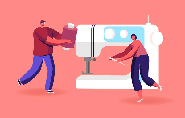 Kleine riolen kleding reparatie of creatie op Enorme naaimachine. Karakters Textiel Kleding Productie Werkproces — Stockvector