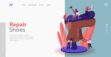 Atölye Tamiri Ustası Kırık Ayakkabılar İniş Sayfası Şablonu. Tiny Shoemakers Karakterleri Büyük Eskimiş Çizmeleri Onardılar