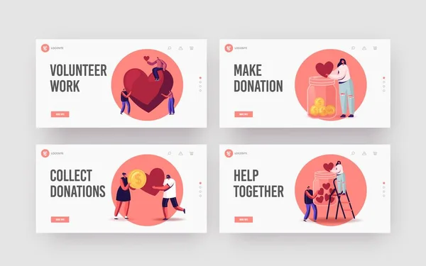 Vrijwilligerswerk, Charity Support Landing Page Template Set. Kleine Vrijwilliger Karakters Het verzamelen van harten in donatie pot — Stockvector