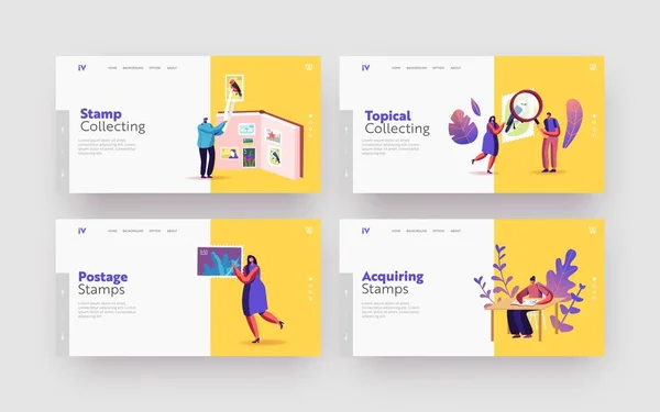 Philatelie Landing Page Template Set. Kleine Philatelisten sammeln und studieren die Geschichte der nationalen Briefmarken — Stockvektor