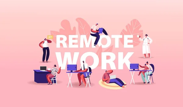 Remote Work Concept. Relaxed Men or Women Freelancer Characters Working Distant on Laptop and Pc from Home — Stock Vector