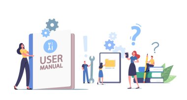 İnsanlar kitap okuyup gerekli talimatları alıyorlar. Kullanıcı El Kitabı. Ofis Malzemeleri İçinde Rehberin İçeriğini Tartışan Karakterler
