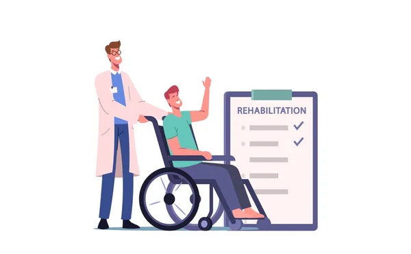 Behinderte männliche Charaktere fahren Rollstuhl mit Krankenschwester oder Arzt Therapeut Assistenz. Mann Patient in Traumatologischer Klinik — Stockvektor