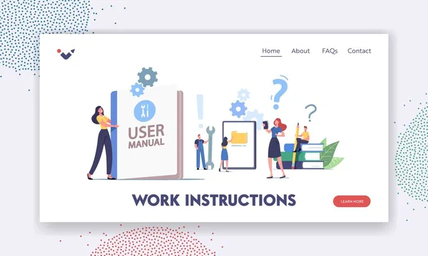 Manual de usuario Plantilla de Landing Page. La gente lee el libro con instrucciones para el equipo. Personajes con algunas cosas de oficina — Vector de stock