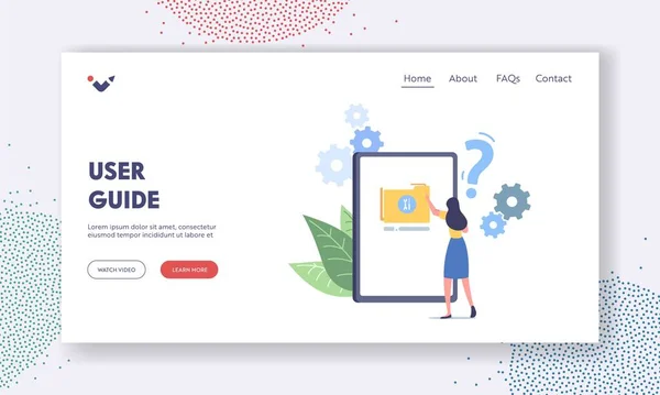 Centro assistenza clienti, modello di pagina di atterraggio della Guida online del cliente. Piccolo personaggio femminile Leggi il manuale utente su tablet enorme — Vettoriale Stock