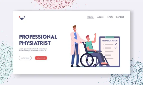 Gehandicapte persoon Rehabilitation Landing Page Template. Mindervalide Man Karakter Rijden Rolstoel met Arts Assistentie — Stockvector