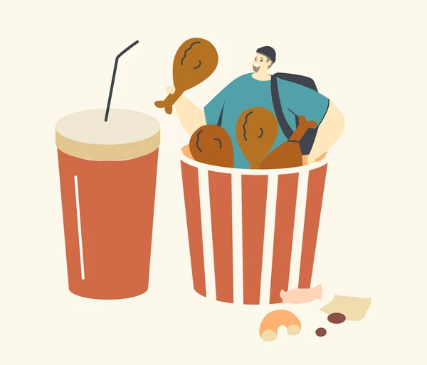 Pequeño personaje masculino sentado en un cubo enorme con patas de pollo y una taza con bebida de soda. Gordo hombre comiendo calle comida rápida — Vector de stock
