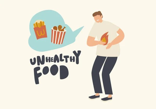 Male Character Abdominal Ache, Heartburn or Spasm Cause Unhealthy Eating. Sad Sick Man Feel Pain in Stomach — Stock Vector