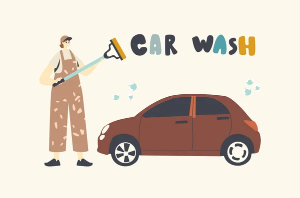 女性キャラクターは洗車サービスで働く。スポンジや注ぐ水で均一な自動車を身に着けている労働者 — ストックベクタ