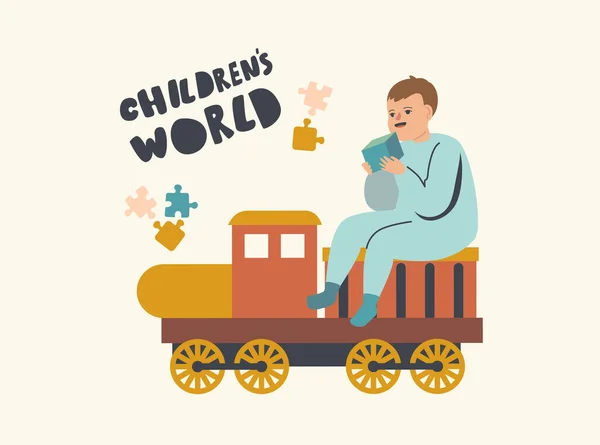 Menino recém-nascido sentado no trem de brinquedo com cubo isolado em fundo branco. Criança bonito personagem masculino criança —  Vetores de Stock
