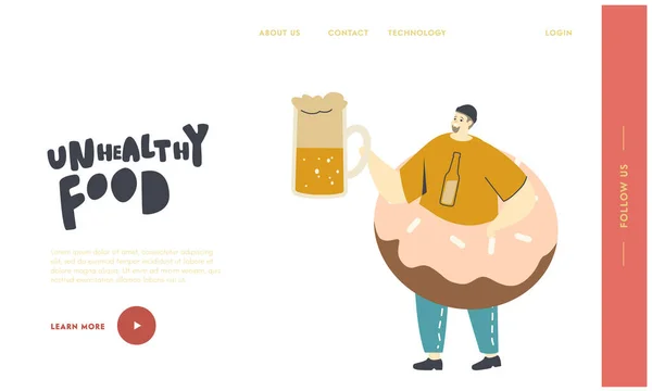 Man eten Fast Food Genieten Outdoor Festival Landing Page Template. dikke man met enorme donut op buik Holding Bier — Stockvector