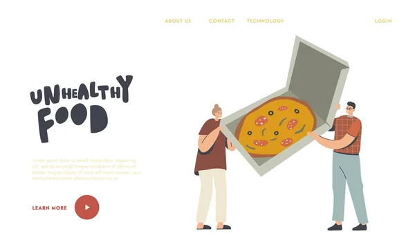 Plantilla de Landing Page para Comer Insaludable. Pequeños personajes Hold Box con enorme pizza italiana con aceitunas, hierbas y salchichas — Archivo Imágenes Vectoriales
