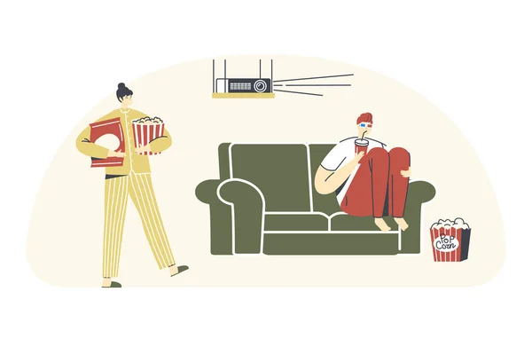 Персонажи Home Cinema Recreation. Молодой человек в трехмерных очках сидит на диване с содовой и смотрит кино по телевизору — стоковый вектор