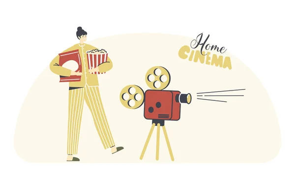 Personaj feminin în Pajama Home Cinema Recreation. O femeie se uită la film și se relaxează acasă. Tânără fată cu popcorn — Vector de stoc