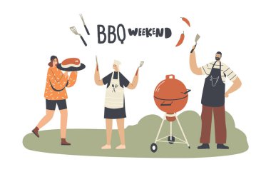 Karakterler Yemek Pişirme, Sosis Yeme ve Barbekü Makinesinde Et Yeme Dışarıda Zaman Geçirme. Bbq Hafta Sonu Eğlencesi