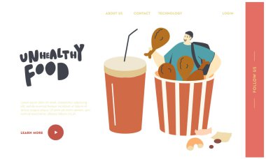 Önemsiz yemek, Sağlıksız Beslenme, Obezite İniş Sayfa Şablonu. Minik Erkek Karakter Büyük Kova 'da Tavuk Bacaklı