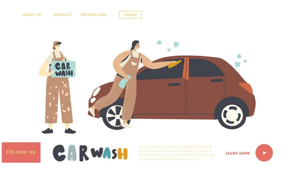 Car Wash Service Landing Page Template. Reinigungsfirma Mitarbeiter weibliche Charaktere Arbeitsprozess. Lathering Automobile — Stockvektor