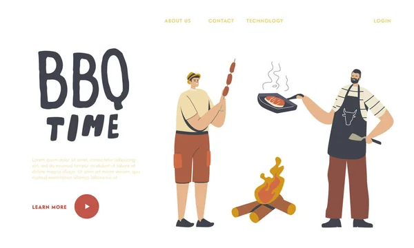 Modèle de page d'atterrissage pour les loisirs d'été. Heureux personnages masculins passent du temps sur Bbq extérieur. Famille ou amis Cuisson de la viande — Image vectorielle