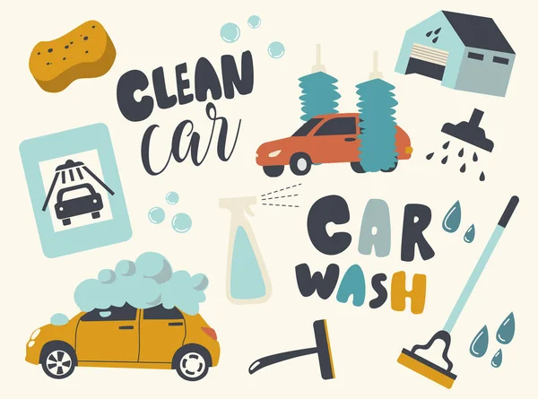 アイコンのセット車の洗浄サービス。泡、泡、ブラシ、ガレージビル、スポンジ、スプレー、機器上の自動車 — ストックベクタ