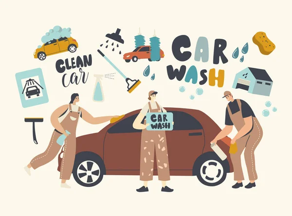 Concept de service de lavage de voiture. Personnages de travailleurs portant uniforme moussant l'automobile avec l'éponge et versant avec l'eau — Image vectorielle