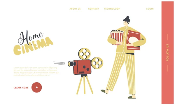 Γυναικείος χαρακτήρας στην Pajama Home Cinema Recreation Landing Page Πρότυπο. Γυναίκα βλέποντας ταινία και χαλαρώνοντας στο σπίτι — Διανυσματικό Αρχείο