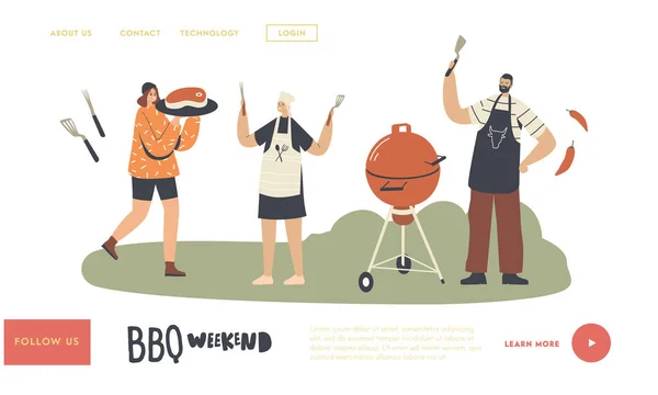 Kültéri Bbq Landing Page Sablon. Karakterek főzés, étkezési kolbász és hús grillező gép töltenek időt hétvégén — Stock Vector