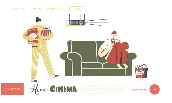 Hétvégi Evening Leisure Landing Page Sablon. Karakterek Home Cinema Recreation. Szemüveges férfi Ül a kanapén üdítővel — Stock Vector