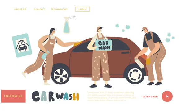 Modèle de page d'atterrissage de service de lavage de voiture. Travailleurs personnages en uniforme Lathering Automobile avec éponge et de l'eau — Image vectorielle