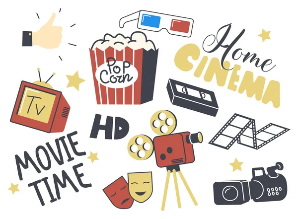 Set of Icons Home Cinema Theme. Retro Camera, Television, Pop Corn and 3d Glasses, Sad Happy Mask, Film Reel and Stars — Stock Vector