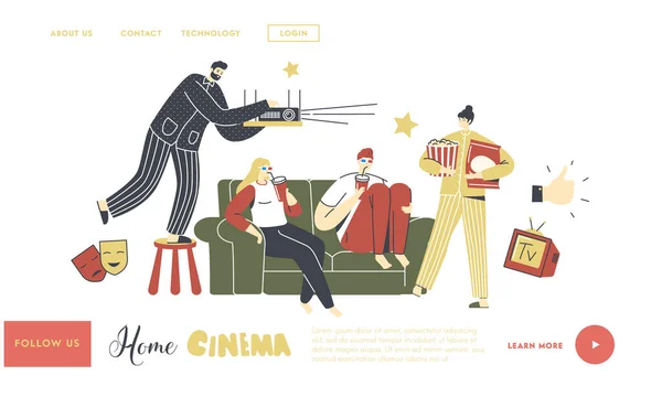 Home Cinema Landing Page Sablon. Emberek TV-t néznek üdítővel és popcornnal, karakterek ülnek együtt a kanapén — Stock Vector