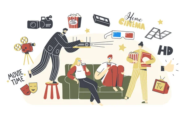 Home Cinema Concept. Pessoas assistindo TV com soda e milho pop, personagens masculinos e femininos sentados no sofá juntos —  Vetores de Stock