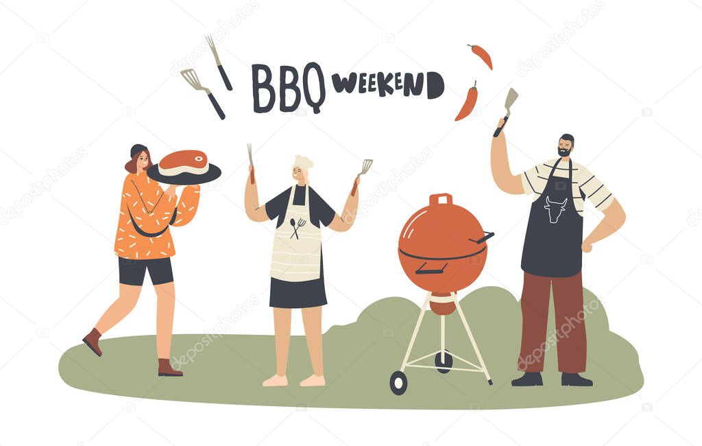 Characters Cooking, Eating Sausages and Meat on Barbecue Machine Spend Time on Outdoor. Bbq Weekend Recreation