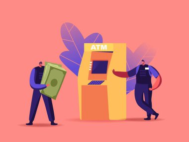Ufacık Silahlı Nakit Muhafız Karakterleri Bankadaki Büyük ATM 'den Para Topluyor. Üniformalı konvoy işi giyen gardiyanlar