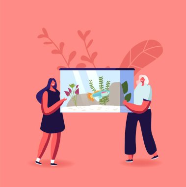 Hayvan Bakımı, Akvaryum Hobisi. Kadın Karakterler Çeşitli Dekor, Dipteki Yosunlar ve Balıklar Üzerinde Akvaryum Taşır