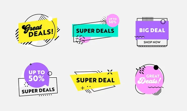 Setzen Sie bunte Etiketten oder Symbole mit geometrischen Formen für Big Deal Sale, Promo Post Templates Design für digitales Marketing — Stockvektor