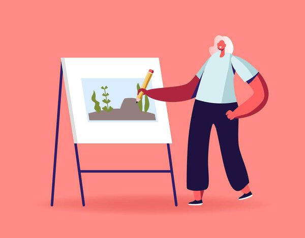 Талантливая женщина-персонаж с карандашом в руке стенд перед холстом холст живописи подводный пейзаж