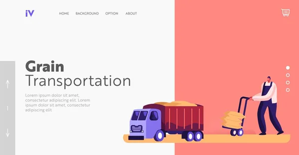Grain Transportation Landing Page Template. Worker Loading Sacks with Flour on Truck, Cereals Manufacture, Production — Stock Vector