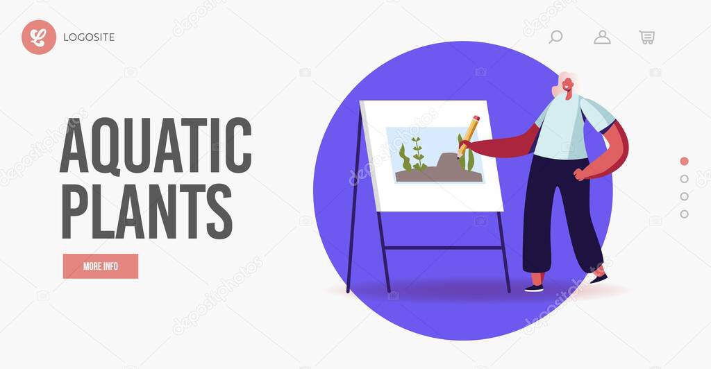 Creative Hobby Drawing Aquatic Plants Class Landing Page Template. Talented Artist Female Character with Pencil Painting